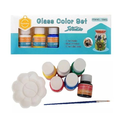 Farby do szkła ceramiki porcelany zestaw do malowania na szkle 6 kolorów x 25ml + pędzel paletka malarska Farby do szkła ceramiki porcelany zestaw do malowania na szkle 6 kolorów x 25ml + pędzel paletka malarska