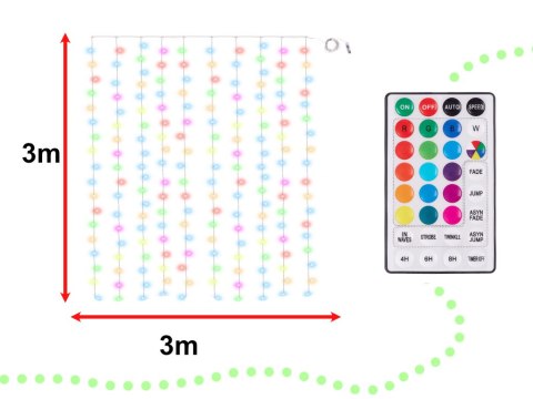 Kurtyna świetlna girlanda lampki LED 3x3m 200LED USB multikolor + pilot 16kolorów z pamięcią Kurtyna świetlna girlanda lampki LED 3x3m 200LED USB multikolor + pilot 16kolorów z pamięcią