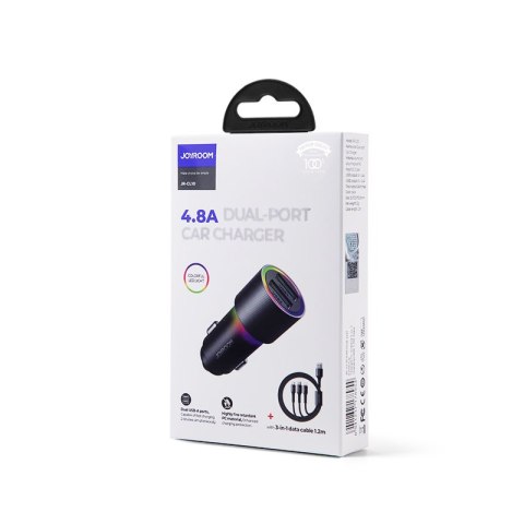 Ładowarka samochodowa 2x USB + kabel 3w1 USB-C / micro USB / Lightning 1.2m - czarny