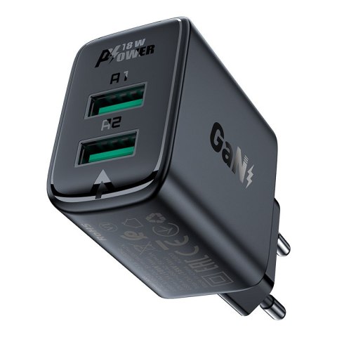 Ładowarka sieciowa GaN 2x USB 18W QC 3.0 AFC FCP czarny Ładowarka sieciowa GaN 2x USB 18W QC 3.0 AFC FCP czarny
