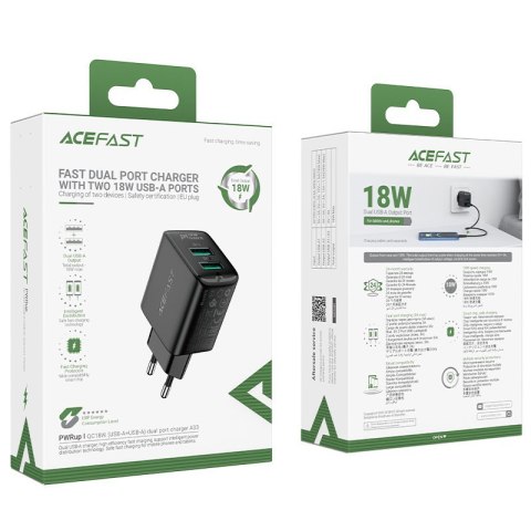 Ładowarka sieciowa GaN 2x USB 18W QC 3.0 AFC FCP czarny Ładowarka sieciowa GaN 2x USB 18W QC 3.0 AFC FCP czarny