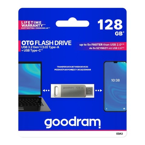 Pendrive 128GB dwa złącza USB 3.2 + USB-C OTG ODA3 srebrny Pendrive 128GB dwa złącza USB 3.2 + USB-C OTG ODA3 srebrny