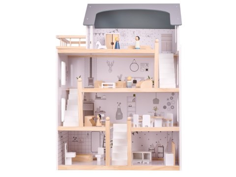 Domek dla lalek drewniany mebelki 80cm biały szary