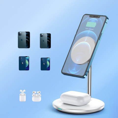 Ładowarka bezprzewodowa Qi 15W do iPhone i AirPods + uchwyt magnetyczny MagSafe srebrny Ładowarka bezprzewodowa Qi 15W do iPhone i AirPods + uchwyt magnetyczny MagSafe srebrny