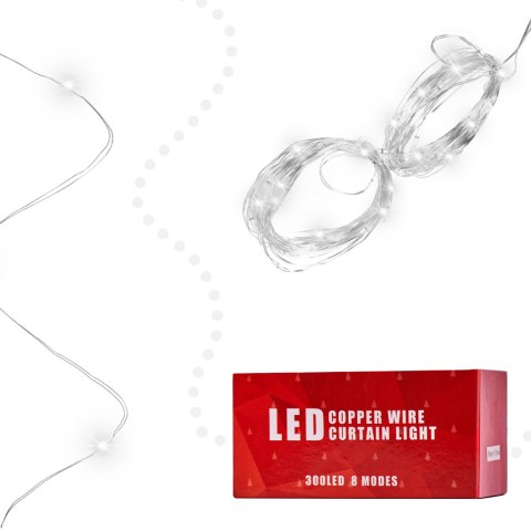Lampki LED kurtyna girlanda druciki świąteczne choinkowe 3x3m 300LED zimny biały pilot USB