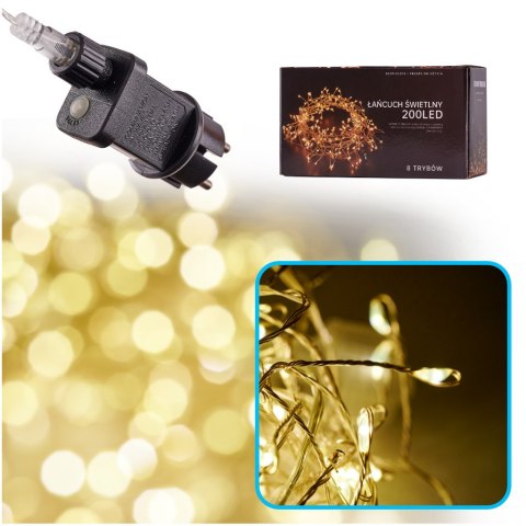 Lampki LED łańcuch druciki sopelki wesele świąteczne choinkowe 6m 200LED ciepły biały 8 trybów zasilanie sieciowe