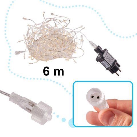 Lampki LED łańcuch druciki sopelki wesele świąteczne choinkowe 6m 200LED ciepły biały 8 trybów zasilanie sieciowe