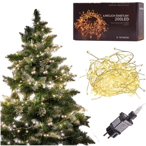 Lampki LED łańcuch druciki sopelki wesele świąteczne choinkowe 6m 200LED ciepły biały 8 trybów zasilanie sieciowe