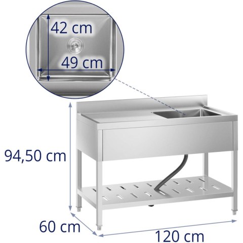 Zlew basen gastronomiczny jednokomorowy z półką i rantem prawy 120 x 60 x 94,5 cm Zlew basen gastronomiczny jednokomorowy z półką i rantem prawy 120 x 60 x 94,5 cm