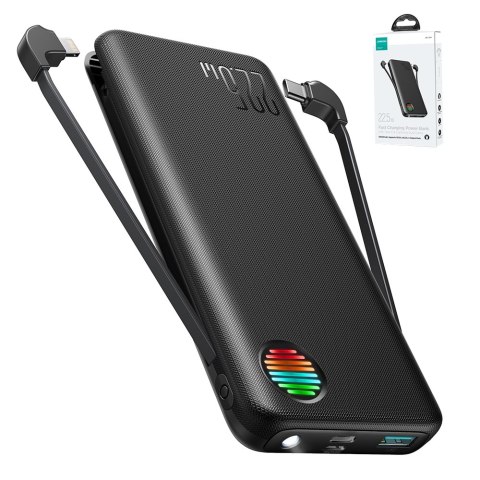 Powerbank z latarką 22.5W 10000mAh i wbudowanymi kablami USB-C i Lightning czarny