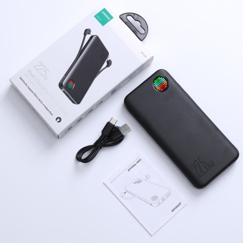 Powerbank z latarką 22.5W 10000mAh i wbudowanymi kablami USB-C i Lightning czarny