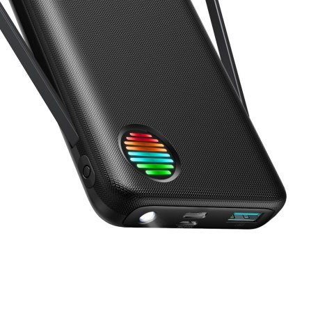 Powerbank z latarką 22.5W 10000mAh i wbudowanymi kablami USB-C i Lightning czarny