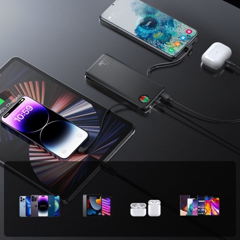 Powerbank z latarką 22.5W 10000mAh i wbudowanymi kablami USB-C i Lightning czarny