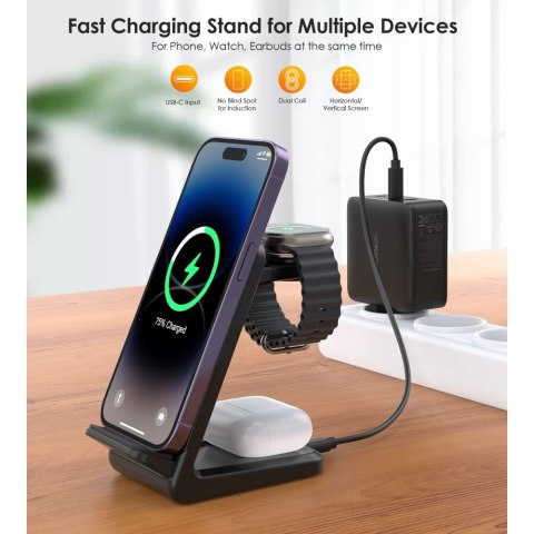 4w1 Stacja ładująca indukcyjna Qi 15W do smartfonów smartwatchów i słuchawek czarna 4w1 Stacja ładująca indukcyjna Qi 15W do smartfonów smartwatchów i słuchawek czarna