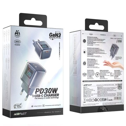 Ładowarka sieciowa z wyświetlaczem PD 30W GaN3 USB-C szara Ładowarka sieciowa z wyświetlaczem PD 30W GaN3 USB-C szara