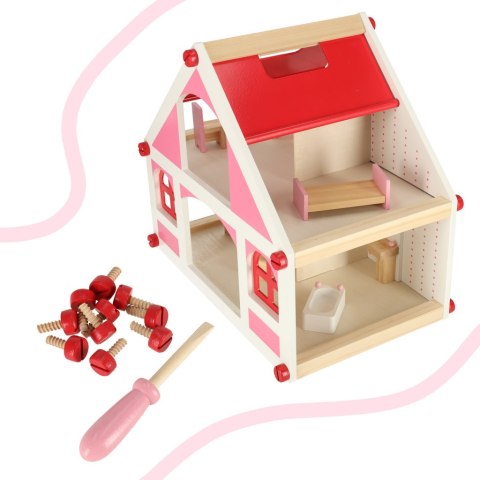 Domek dla lalek drewniany różowy montessori mebelki akcesoria 36cm Domek dla lalek drewniany różowy montessori mebelki akcesoria 36cm