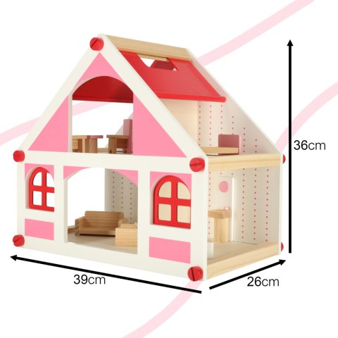 Domek dla lalek drewniany różowy montessori mebelki akcesoria 36cm Domek dla lalek drewniany różowy montessori mebelki akcesoria 36cm