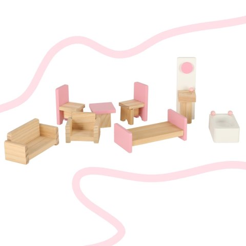 Domek dla lalek drewniany różowy montessori mebelki akcesoria 36cm Domek dla lalek drewniany różowy montessori mebelki akcesoria 36cm