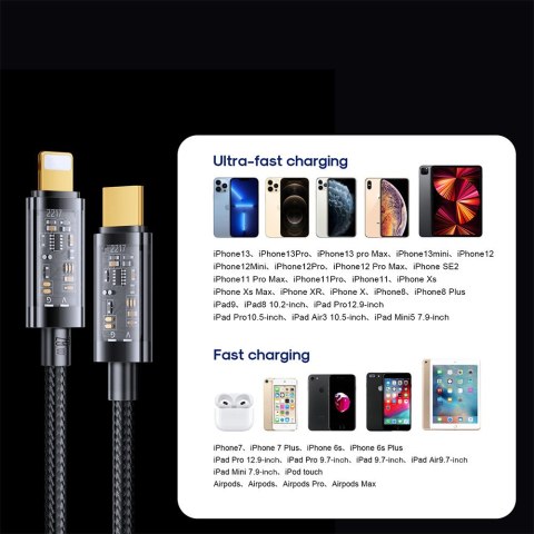 Kabel przewód w oplocie do iPhone USB-C - Lightning PD 20W 2m czarny