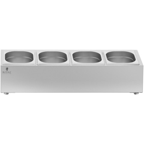 Ekspozytor stojak na pojemniki gastronomiczne 4 x GN 1/6 7.6 l + pojemniki z pokrywkami Ekspozytor stojak na pojemniki gastronomiczne 4 x GN 1/6 7.6 l + pojemniki z pokrywkami
