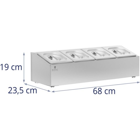 Ekspozytor stojak na pojemniki gastronomiczne 4 x GN 1/6 7.6 l + pojemniki z pokrywkami Ekspozytor stojak na pojemniki gastronomiczne 4 x GN 1/6 7.6 l + pojemniki z pokrywkami