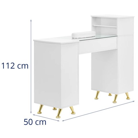 Biurko kosmetyczne do manicure szklany blat 3 szuflady 3 szafki 140 x 50 cm - biało złote Biurko kosmetyczne do manicure szklany blat 3 szuflady 3 szafki 140 x 50 cm - biało złote
