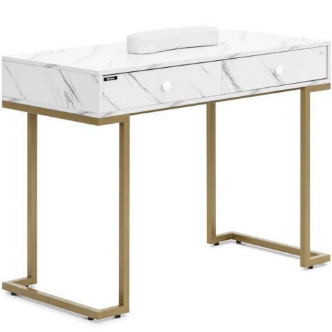 Biurko kosmetyczne do manicure z podpórką na dłonie 2 szuflady 106 x 52 cm - marmur złoto Biurko kosmetyczne do manicure z podpórką na dłonie 2 szuflady 106 x 52 cm - marmur złoto