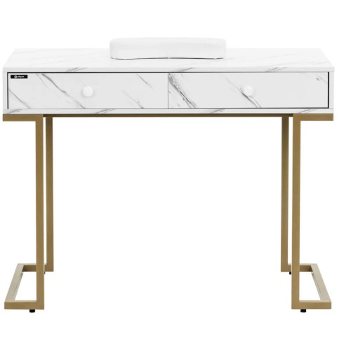 Biurko kosmetyczne do manicure z podpórką na dłonie 2 szuflady 106 x 52 cm - marmur złoto Biurko kosmetyczne do manicure z podpórką na dłonie 2 szuflady 106 x 52 cm - marmur złoto