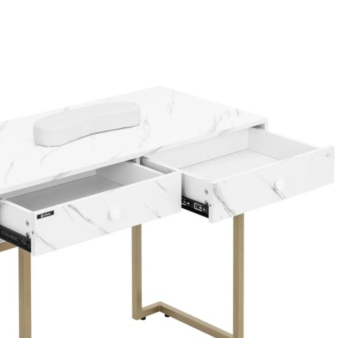 Biurko kosmetyczne do manicure z podpórką na dłonie 2 szuflady 106 x 52 cm - marmur złoto Biurko kosmetyczne do manicure z podpórką na dłonie 2 szuflady 106 x 52 cm - marmur złoto