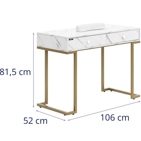 Biurko kosmetyczne do manicure z podpórką na dłonie 2 szuflady 106 x 52 cm - marmur złoto Biurko kosmetyczne do manicure z podpórką na dłonie 2 szuflady 106 x 52 cm - marmur złoto