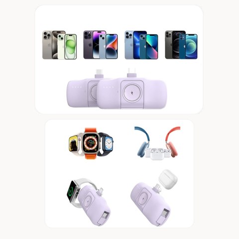 Mini powerbank 5000mAh 15W USB-C i ładowarką do Apple Watch - fioletowy