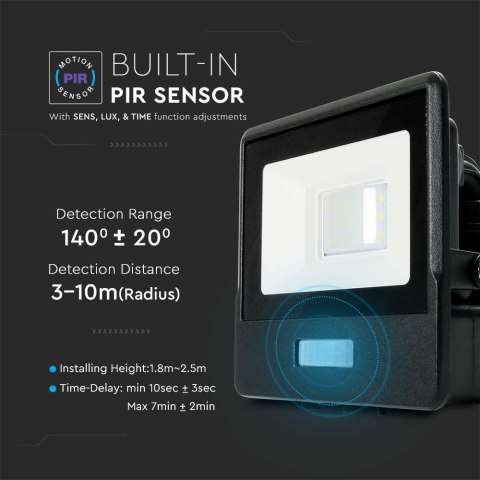 Naświetlacz LED SMD 10W z Czujnikiem Ruchu Barwa 4000K, Obudowa Czarna - V-TAC