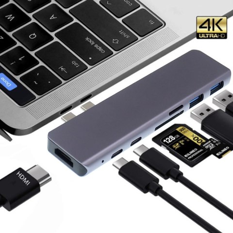 Adapter 7w1 HUB USB-C HDMI 4K SD Macbook Pro / Air - Szary Adapter 7w1 HUB USB-C HDMI 4K SD Macbook Pro / Air - Szary