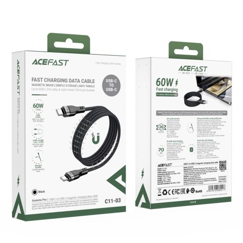 Kabel przewód USB-C 480Mb/s 100W z organizerem magnetycznym 1.2m - czarny