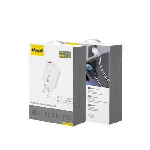 Ładowarka sieciowa 20W USB-A USB-C z kablem USB-C 1m - biała
