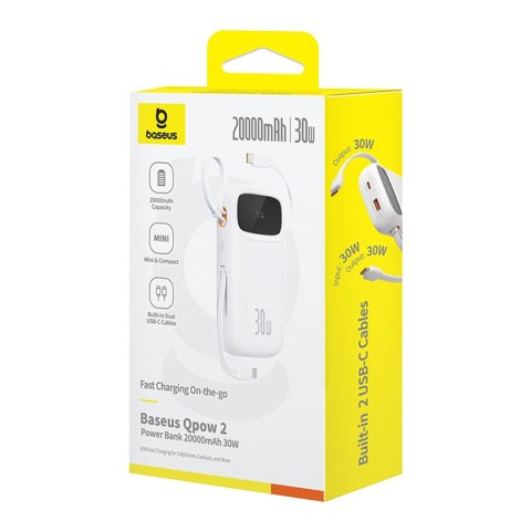 Powerbank QPow 2 20000mAh 30W z 2 wbudowanymi kablami USB-C - biały Powerbank QPow 2 20000mAh 30W z 2 wbudowanymi kablami USB-C - biały