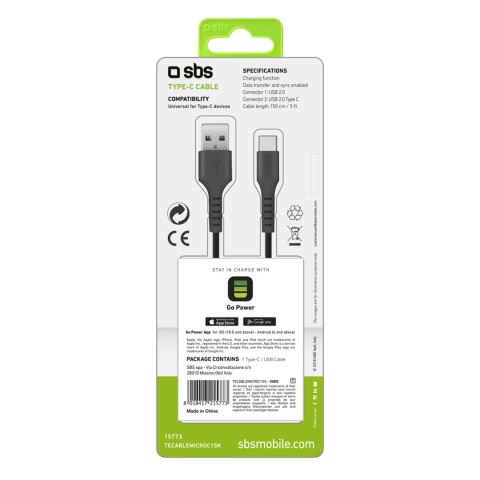 Kabel przewód USB-A - USB-C 1.5m - czarny Kabel przewód USB-A - USB-C 1.5m - czarny