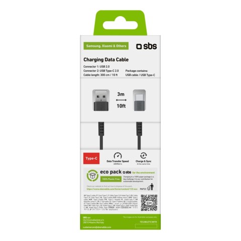 Kabel przewód USB-A - USB-C 3m - czarny Kabel przewód USB-A - USB-C 3m - czarny