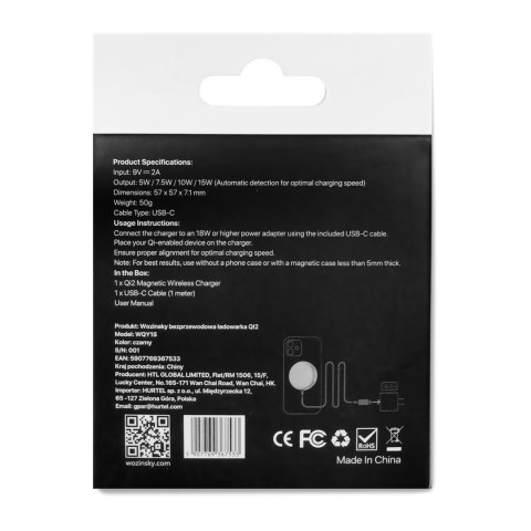 Ładowarka indukcyjna magnetyczna bezprzewodowa Qi2 do telefonu 15W - czarna Ładowarka indukcyjna magnetyczna bezprzewodowa Qi2 do telefonu 15W - czarna