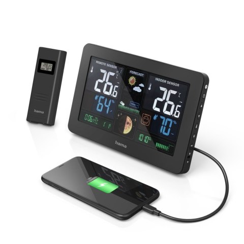 Stacja pogody Hama Premium z kolorowym wyświetlaczem USB - czarna