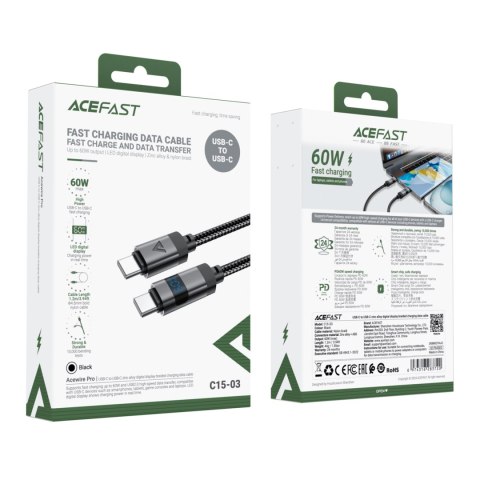 Kabel przewód USB-C - USB-C z wyświetlaczem 480Mb/s 66W 1.2m - czarny Kabel przewód USB-C - USB-C z wyświetlaczem 480Mb/s 66W 1.2m - czarny