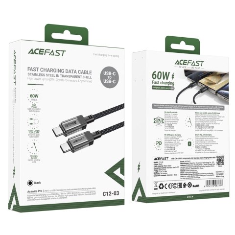 Kabel przewód USB-C z nylonowym oplotem PD 60W 480Mb/s - czarny Kabel przewód USB-C z nylonowym oplotem PD 60W 480Mb/s - czarny