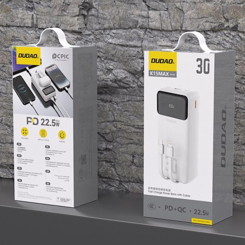 Powerbank 30000mAh z wbudowanymi kablami PD 22.5W - biały Powerbank 30000mAh z wbudowanymi kablami PD 22.5W - biały