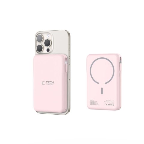 Powerbank 10000 mAh USB-A USB-C z kablami USB-C iPhone Lightning MagSafe - różowy Powerbank 10000 mAh USB-A USB-C z kablami USB-C iPhone Lightning MagSafe - różowy