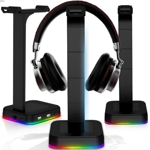Stojak uchwyt biurkowy gamingowy na słuchawki HUB USB podświetlany RGB LED