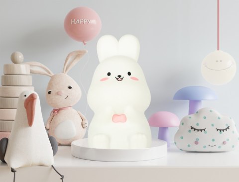 Lampka nocna dla dzieci silikonowa dotykowa miękka LED RGB biała z różem króliczek